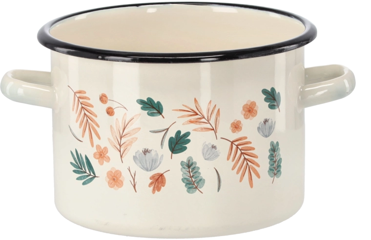 Olla esmaltada de 3 l, 18 cm, color crema con motivo de hojas