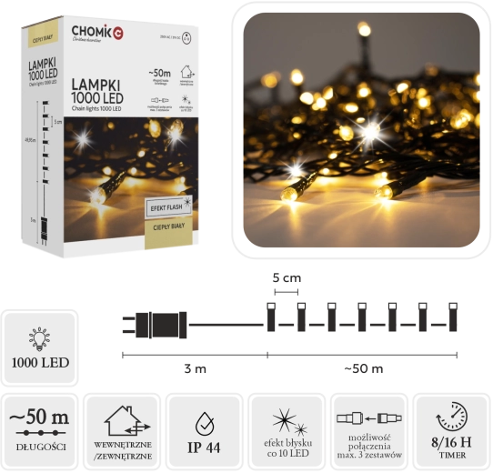 Cadena luminosa LED 1000 LED blanco cálido + flash frío 53 m (3 m de cable de alimentación) para uso interior y exterior