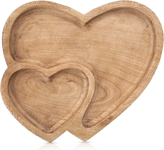 Bandeja de servir de madera en forma de doble corazón de madera de mango 23 × 20 cm