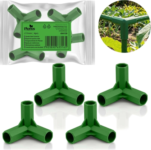 Conectores verdes de tres vías para varillas de jardín de 11 mm – set de 4 uds.