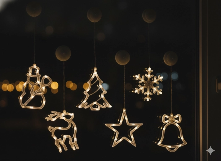 Decoración LED navideña para ventana con ventosa a pilas, blanco cálido, mix de 6 formas