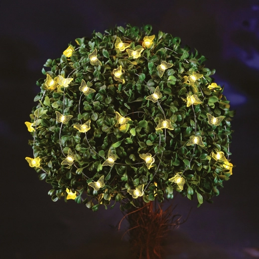 Guirnalda de luces solares con mariposas, 2,4 m, 25 LED de luz blanca cálida