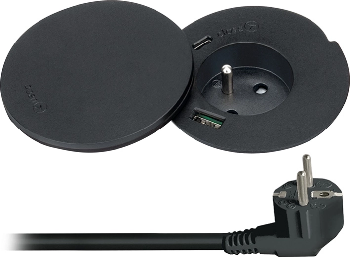Solight toma empotrable para mesa con USB-A/USB-C y carga inalámbrica 10 W, tapa giratoria, negra - 1 unidad