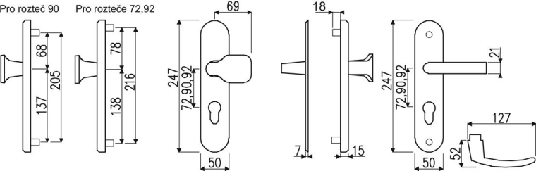 Herraje de seguridad sin cubierta del cilindro 72 mm, anodizado plata elox RICHTER