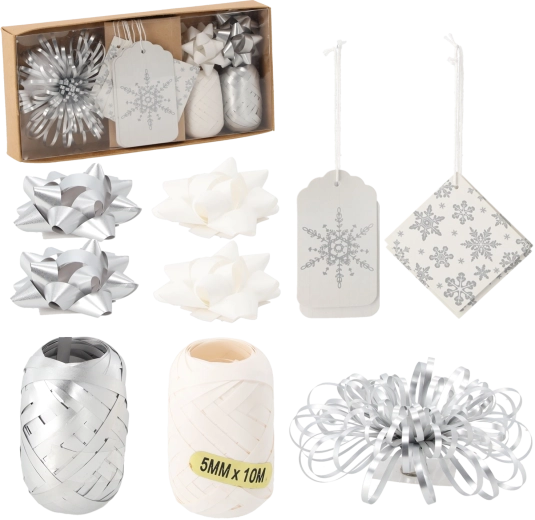 Set navideño para envolver regalos – plateado/blanco, 12 piezas