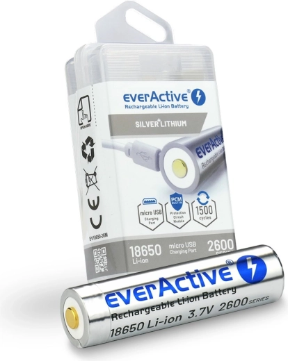 Batería recargable 18650 3,7 V Li‑ion 2600 mAh con micro USB EVERACTIVE