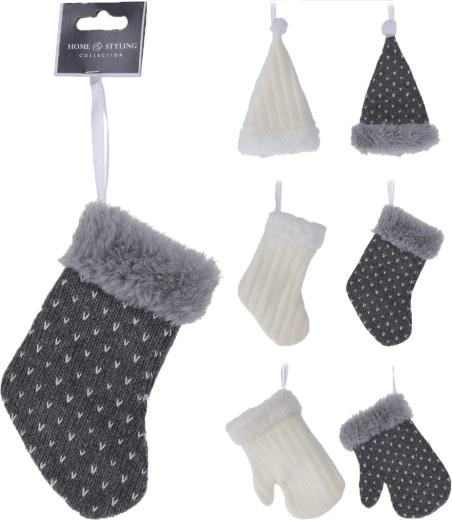 Decoración navideña colgante de guante, calcetín y gorro 15 cm – blanca y gris
