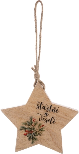 Estrella navideña colgante de madera con inscripción «felices y alegres» de madera de mango - 1 pieza