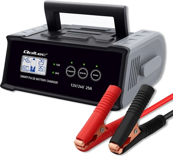 Cargador inteligente por pulsos para baterías de coche 12/24 V 25 A con LCD y reparación – Qoltec