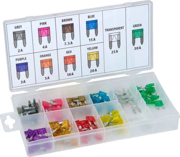 Juego de fusibles automotrices mini de cuchilla en caja, 100 unidades, 2–30 A