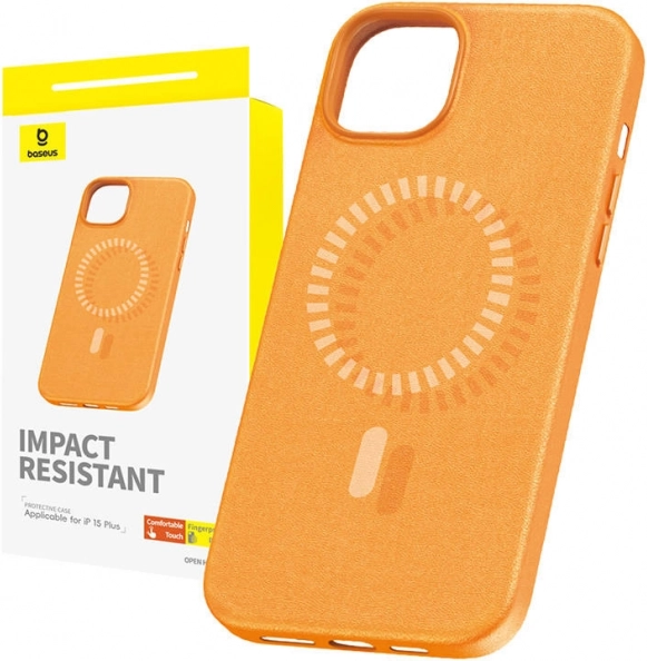 Funda magnética BASEUS fauxther para iPhone 15 Plus (naranja)