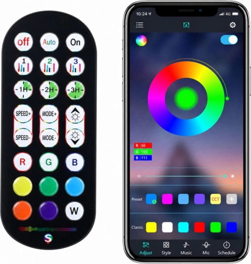 Control por app y mando + modo música y temporizador