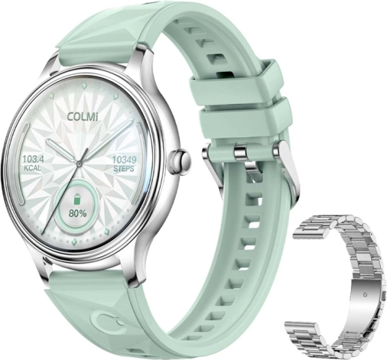 Reloj inteligente COLMI L28 – plateado‑verde con correa de acero