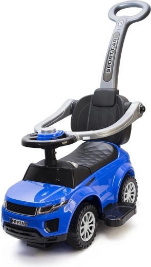 Correpasillos infantil y coche de empuje 2 en 1 con barra de guiado y claxon, azul