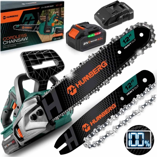 Motosierra de cadena a batería Humberg 12" con motor sin escobillas y batería de 4 Ah
