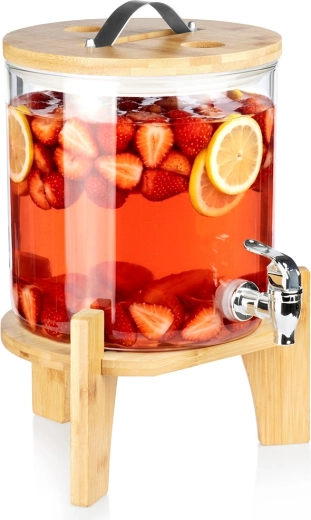 Dispensador de bebidas de vidrio con grifo y soporte de bambú 5 l