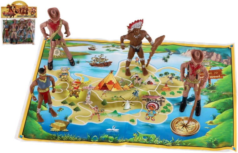 Figuras de indios y vaqueros con mapa 6 cm (plástico)
