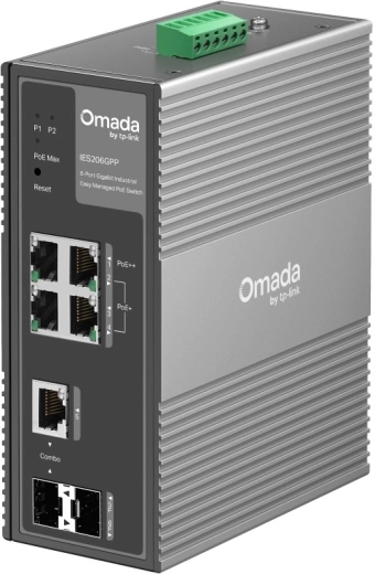 Switch industrial IES206GPP Omada, 6× gigabit, 3× PoE+, 1× PoE, gestión en la nube