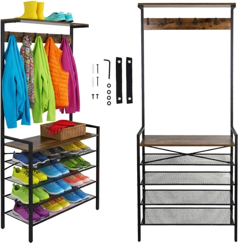 Organizador de pie para recibidor con perchero RUHHY, metal y madera, 4 estantes para zapatos