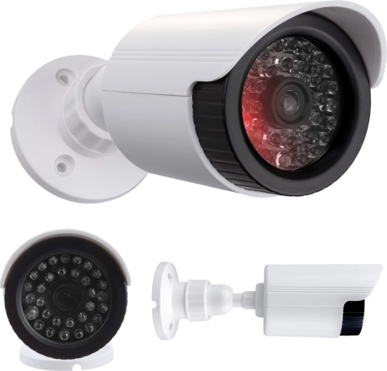 atrappa de cámara tubular con LED IR, blanca, alimentación 2× AA, ABS, IP44