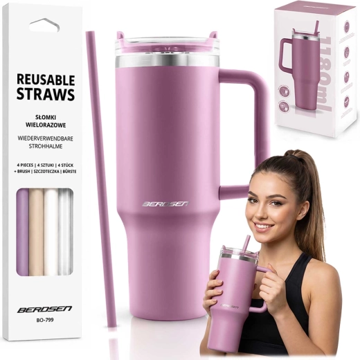 Vaso térmico al vacío Berdsen 1180 ml con juego de pajitas, rosa