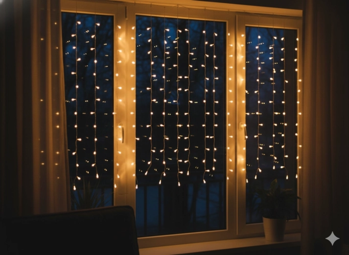 Cortina de luces LED colgante de 240 diodos, blanco cálido, 5 x 1,5 m, USB con mando a distancia