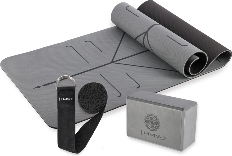 Set de yoga gris HMS: esterilla, bloque y correa