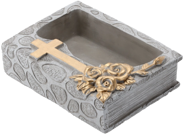 Jardinera funeraria de cemento en forma de libro con cruz, gris y dorado 22 × 16,5 × 7,5 cm