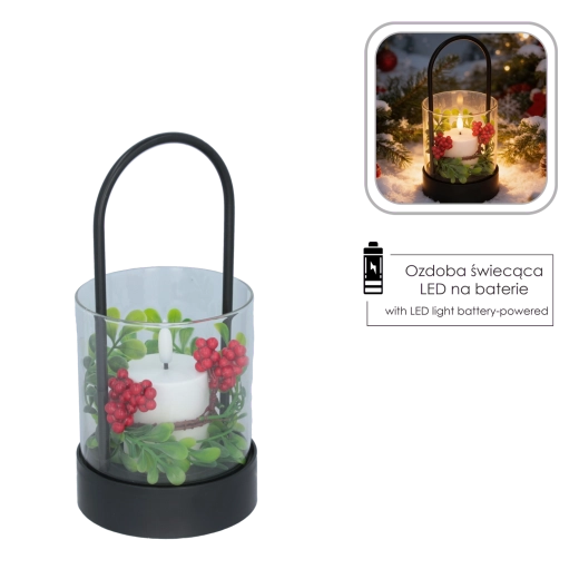 Farol decorativo LED con vela y corona navideña 21,5 cm - 1 pieza