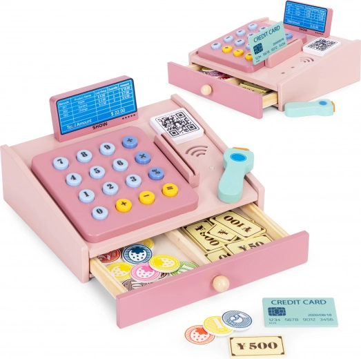 Caja registradora de madera para niños con escáner, monedas y tarjeta de pago