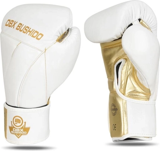 Guantes de boxeo DBX Bushido de cuero natural con protección de muñeca – Blanco