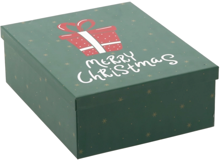 Caja de regalo navideña verde con el texto «MERRY CHRISTMAS» - 1 unidad