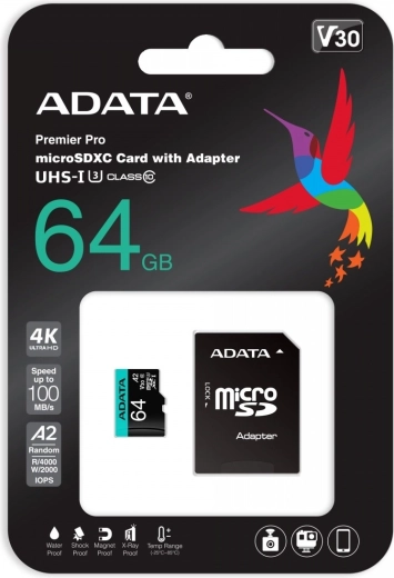 Tarjeta microSD Premier Pro 64 GB UHS-I U3 V30 A2 + adaptador SD
