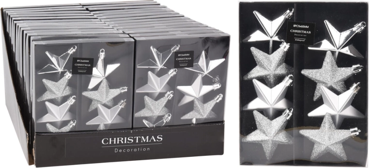 Estrellas navideñas 6,5 cm – mezcla plateada (8 uds)