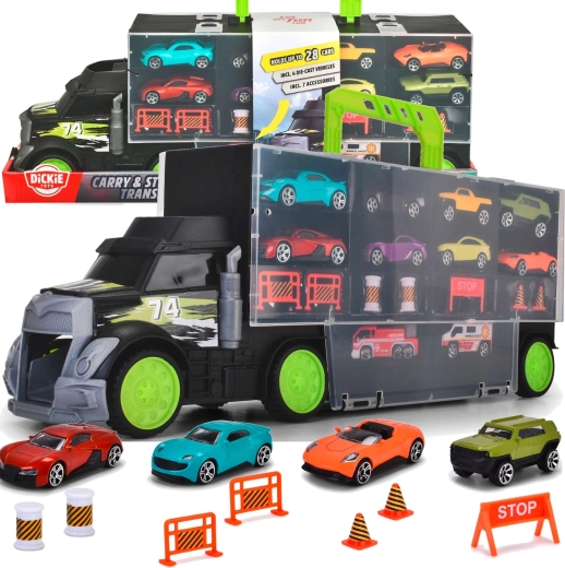 Transportador de coches Dickie Toys y maletín con cochecitos y accesorios de tráfico
