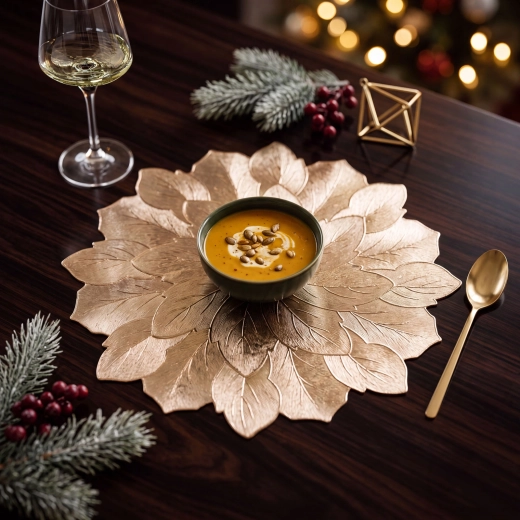 Mantel individual dorado con forma de flor y efecto metálico, 38 cm