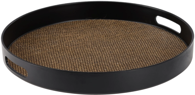 Bandeja redonda de servir con asas, negra con decoración de yute, 35 × 35 × 4 cm