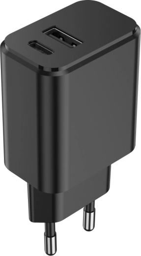 Cargador de red Setty 20 W con USB‑C PD y USB‑A QC, negro