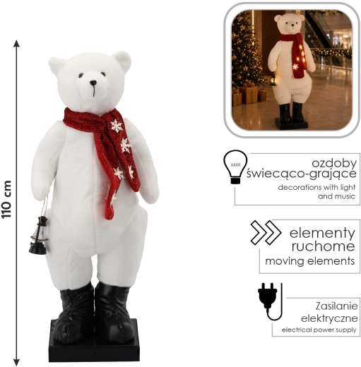 Decoración navideña de oso polar con iluminación LED, melodía y movimiento, 110 cm