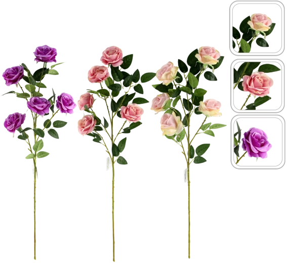 Rama artificial de rosa con cinco flores 92 cm, mezcla de colores