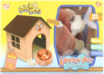 Perrito de peluche con casita y accesorios