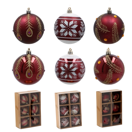 Set de 6 bolas navideñas burdeos de 8 cm de plástico irrompible