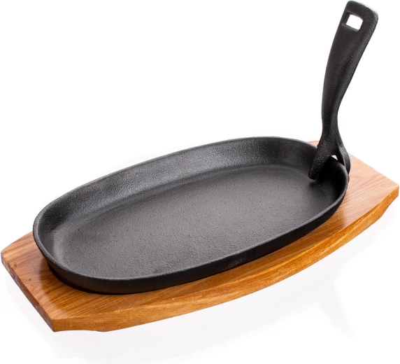 Sartén ovalada de hierro fundido 23 × 14 cm con tabla de madera GRADA
