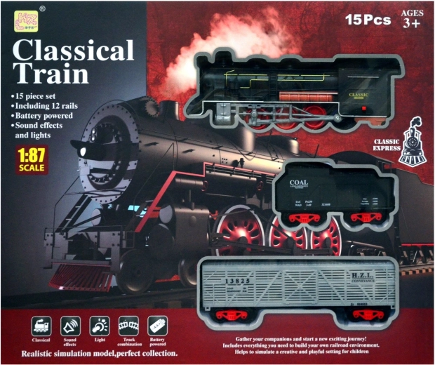 Ferrocarril clásico con locomotora y dos vagones de carga - 1 pieza