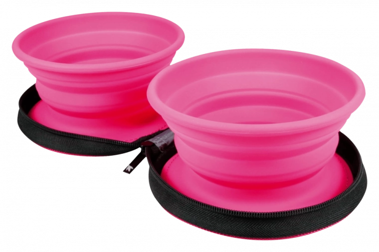 Cuenco doble de viaje para mascotas Kiwi Walker – rosa, silicona plegable 2×350 ml