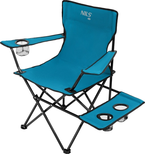 Silla de camping plegable NILS Camp con mesita lateral y portabebidas, azul-gris