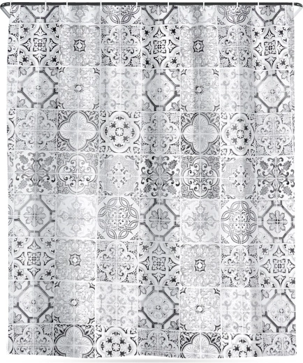 Cortina de ducha con ganchos, impermeable, diseño de azulejos 180 × 180 cm