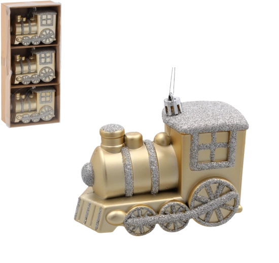Juego de adornos navideños en forma de locomotora, dorado, 3 piezas