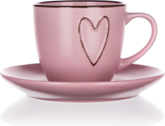 Taza con platillo 260 ml HEART rosa de cerámica