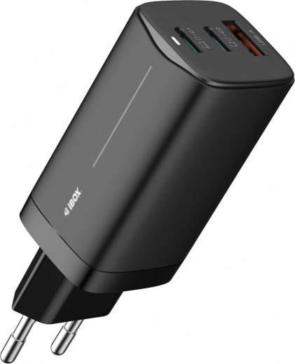Cargador de pared GaN 65 W, 2× USB-C + USB-A, negro